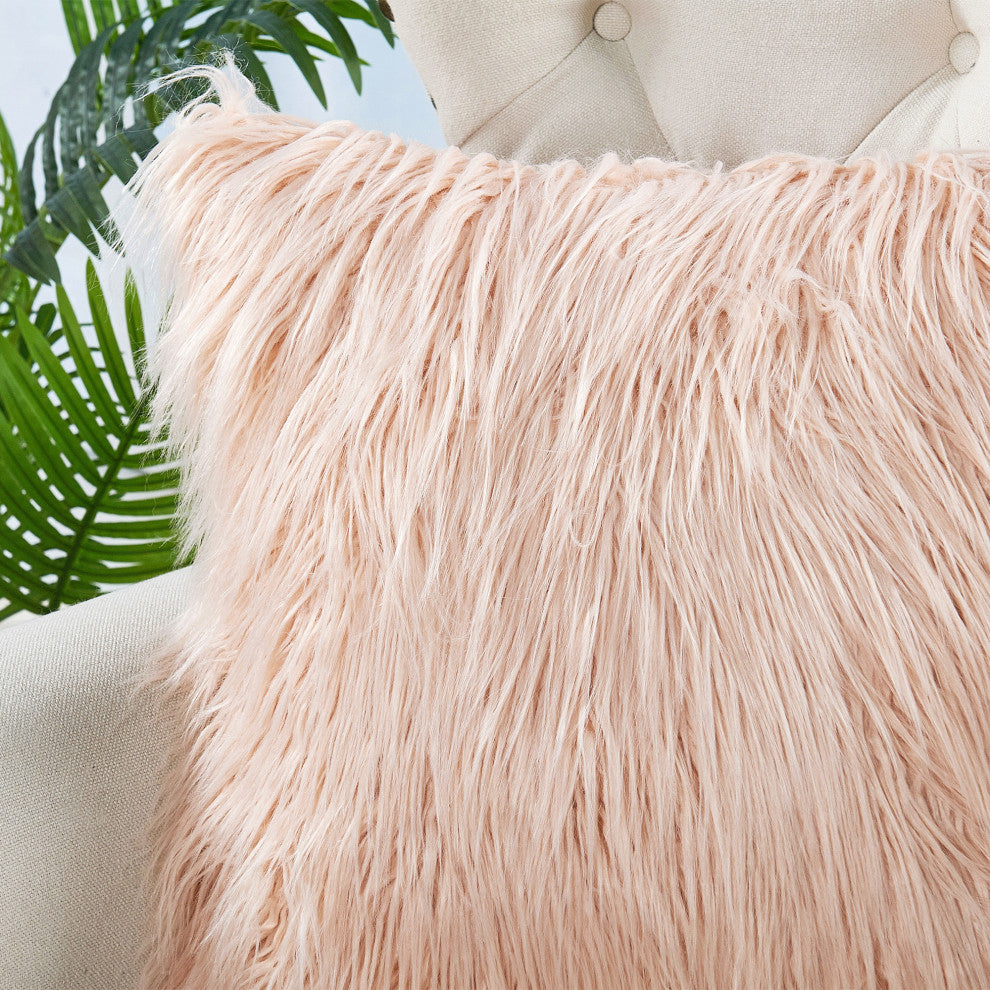 Mongolian Faux Fur Pillow Shell Set, Rose, 20"x20"