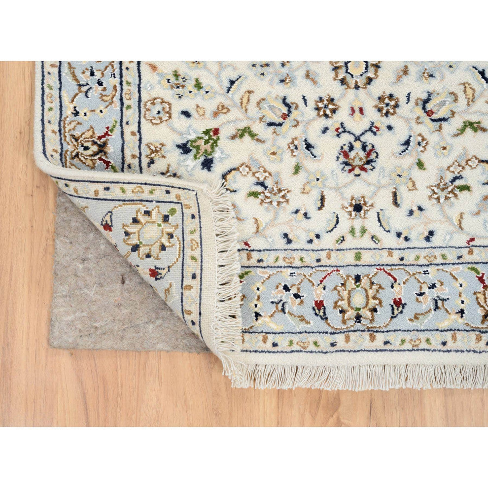 Ivory, Hand Knotted Nain, 250 KPSI Wool and Silk Runner Rug, 2'7"x14'0"