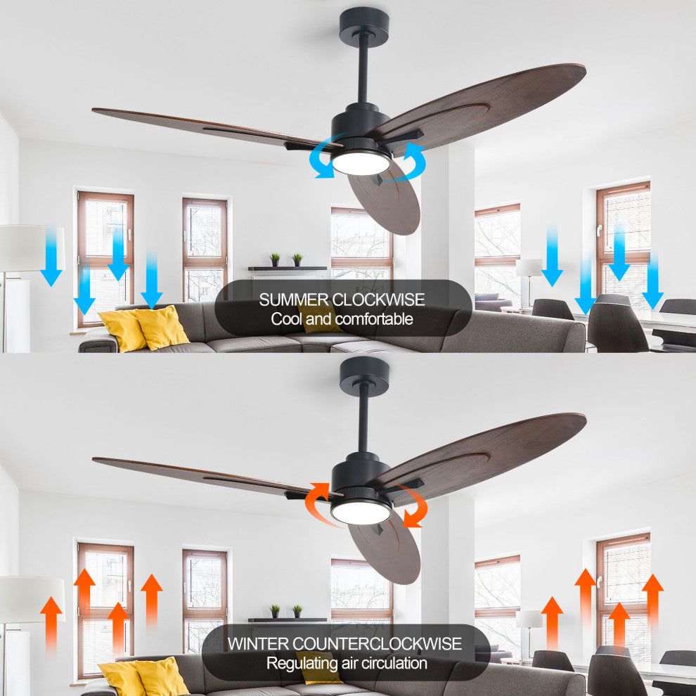 60" 3-Solid Wood Blade Propeller indoor LED Ceiling Fan, Black and Brown
