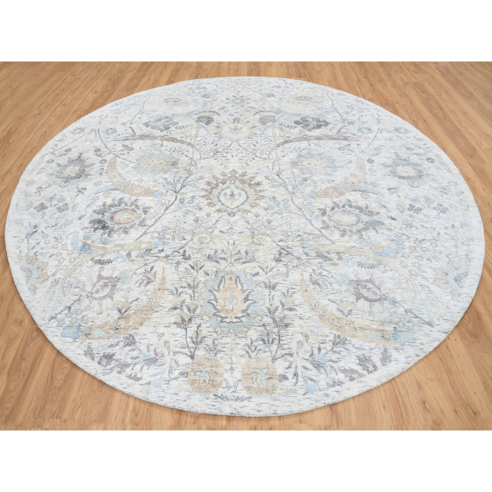 Ivory, Silk With Wool Hand Knotted, Sickle Leaf Design Round Rug, 9'9"x9'9"