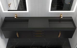 CastelloUSA Amazon 84" Wall Mounted Vanity Set, Black, Black Top, Gold Handles