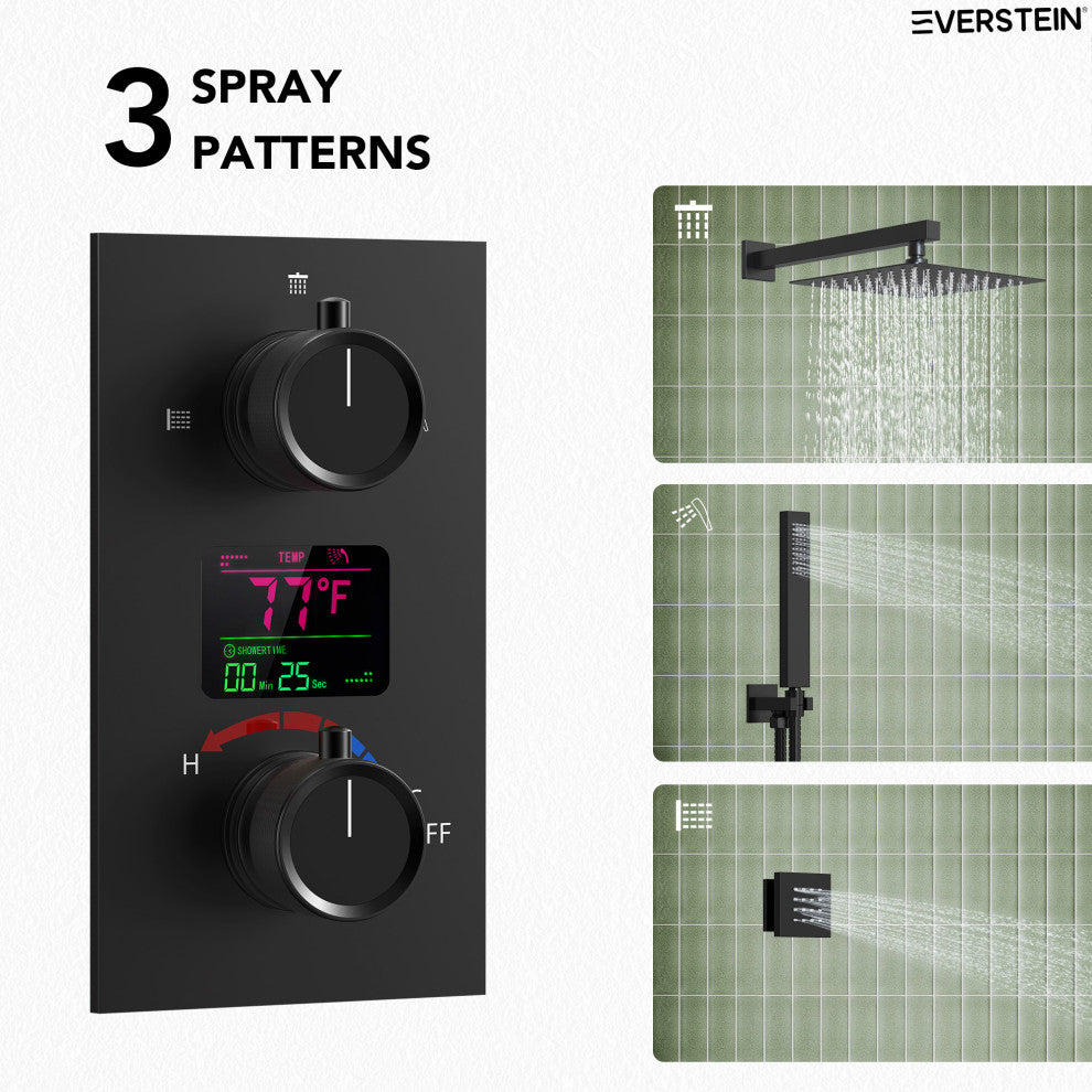 LED Temperature Digital Display Shower System With Body Jets, Matte Black, 12 Inches