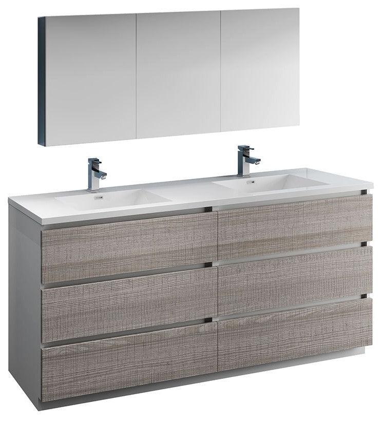 Lazzaro 72" Ash Gray Double Sink Vanity Set, Fiora Faucet, Brushed Nickel