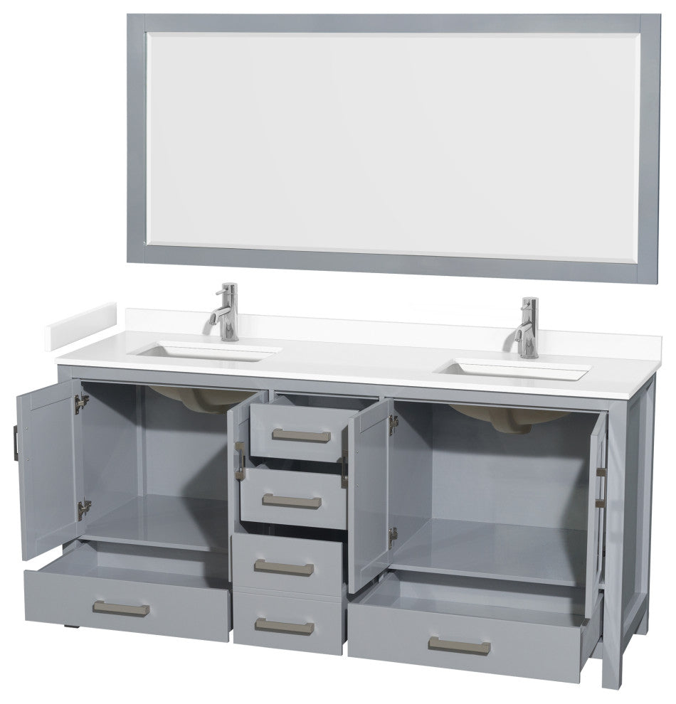 72"DBL Bathroom Vanity, Gray, White Cult. Marble Countertop, Sinks, 70" Mirror