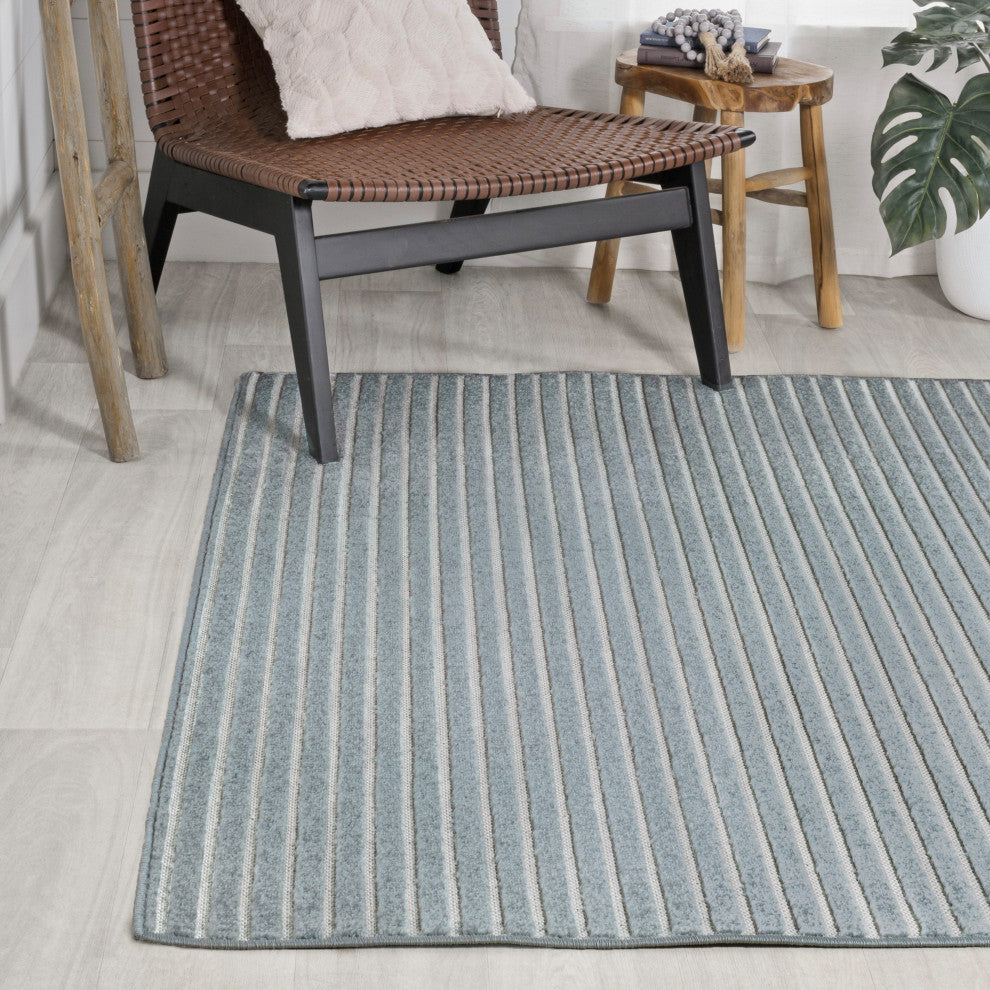 Aarhus High-Low Scandi Striped Blue/Ivory 8 ft x 10 ft Indoor/Outdoor Area Rug