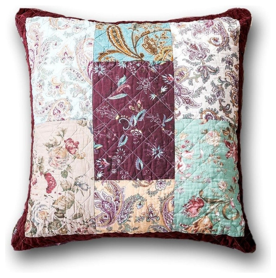Bohemian Patchwork Burgundy Colorful Velvet Floral Euro Pillow Sham Cover, 26"
