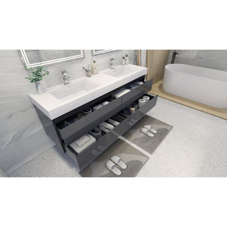 72" Double Sink Wall Mount Vanity, Reinforced Acrylic Sink, High Gloss Gray