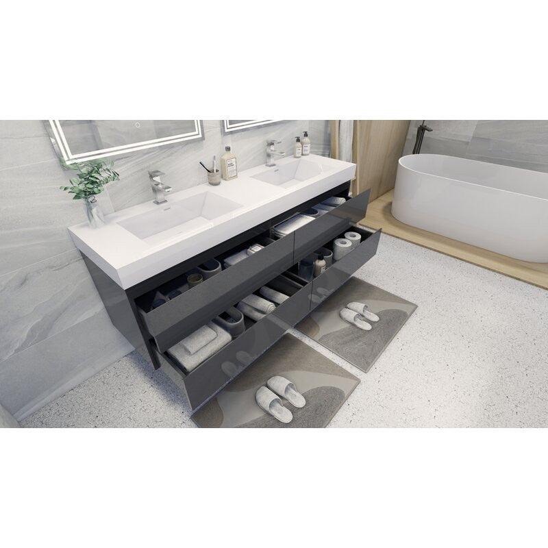 72" Double Sink Wall Mount Vanity, Reinforced Acrylic Sink, High Gloss Gray
