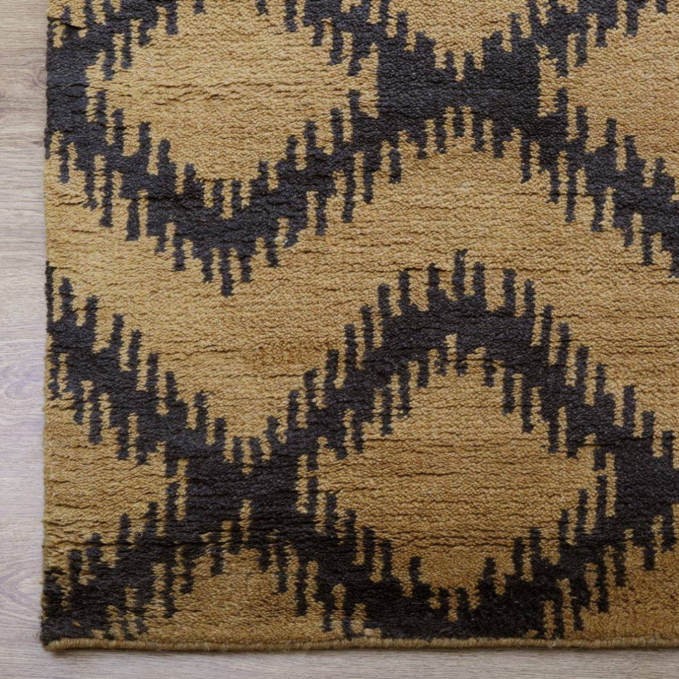Hand Knotted Wool Area Rug Geometric Gold Charcoal