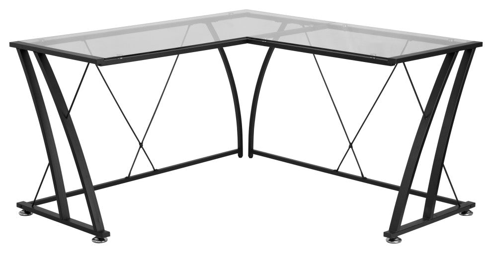 Glass L-Shape Computer Desk with Black Metal Frame