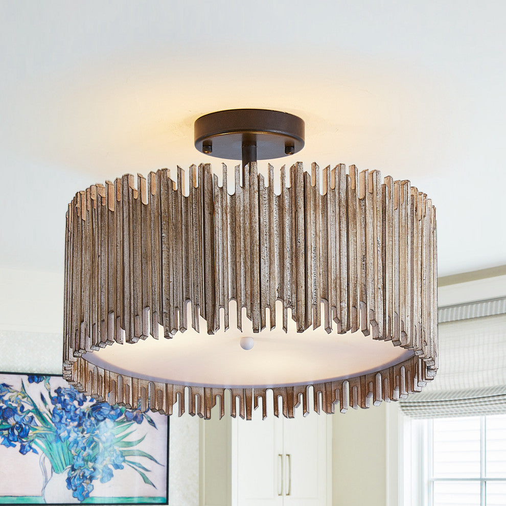 Farmhouse Wooden Cage Semi-Flush Mount Lighting With 3-Light