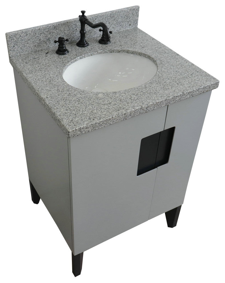 25" Single Sink Vanity, Light Gray Finish With Gray Granite And Oval Sink