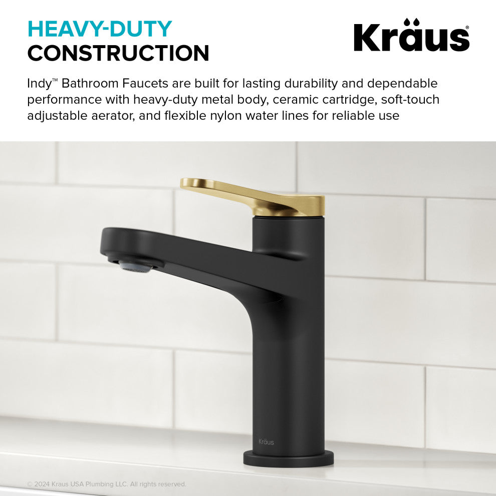 KRAUS Indy Single Handle Basin Bathroom Faucet Spot Free BBMB, Pop Up Drain