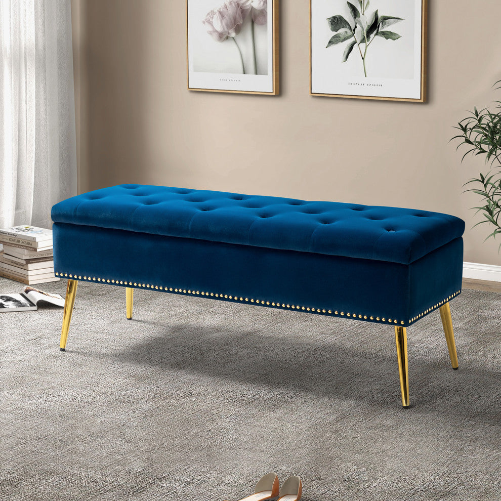 Button-tufted Storage Bench with Nailhead Trim, Navy