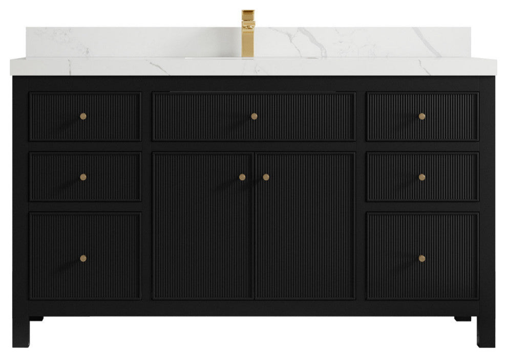 Sonoma 60 Single Sink Reeded Bathroom Vanity in Black 2" Calacatta Laza