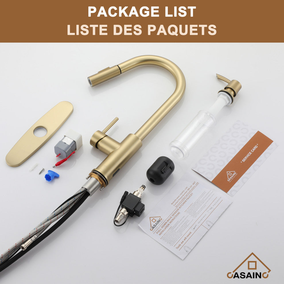 Touchless Pull Down Single Handle Kitchen Faucet With LED Function, Brushed Gold