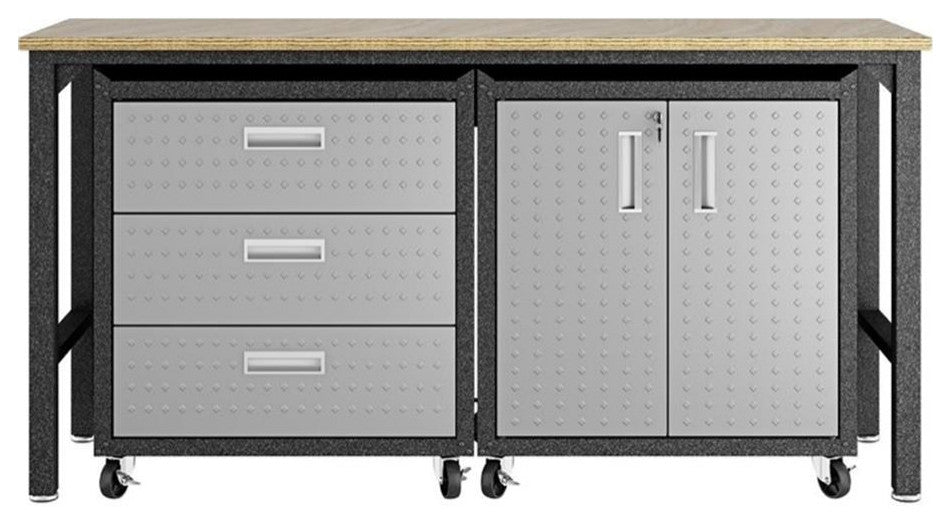 Pemberly Row 3-Piece Modern Metal Worktable & Garage Cabinet Set in Gray