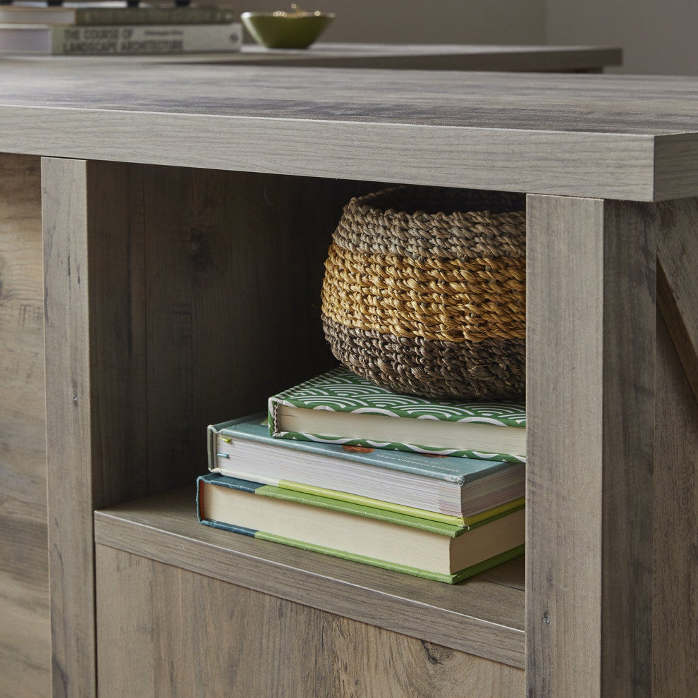 Farmhouse L-Shaped Desk, Storage Cabinet & Large Top With Grommets, Rustic Gray