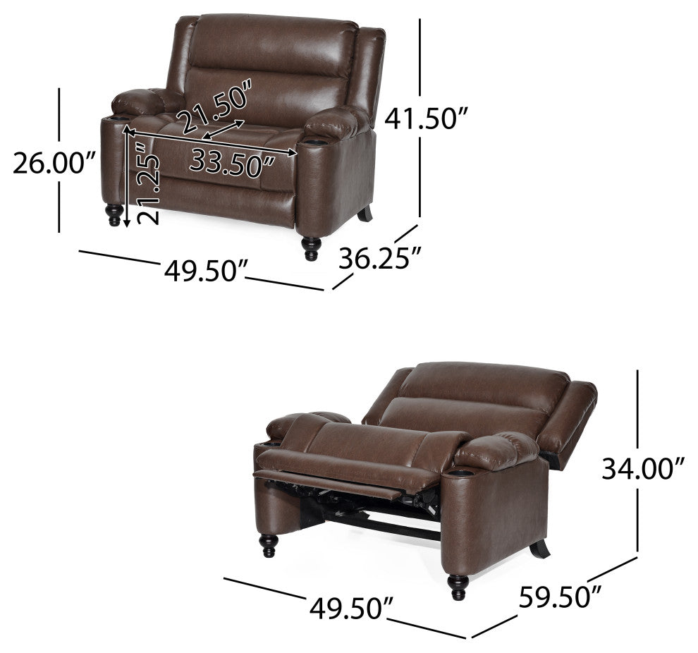 Upham Faux Leather Oversized Pushback Recliner, Dark Brown/Espresso