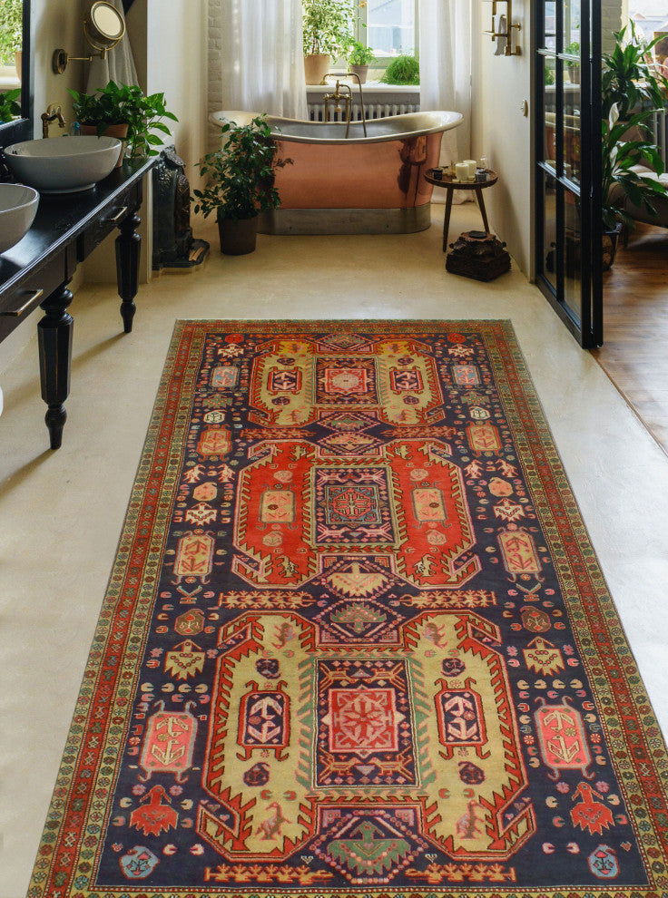 Fine Vintage Distressed Jazmine Navy/Rust Runner, 4'9x9'11