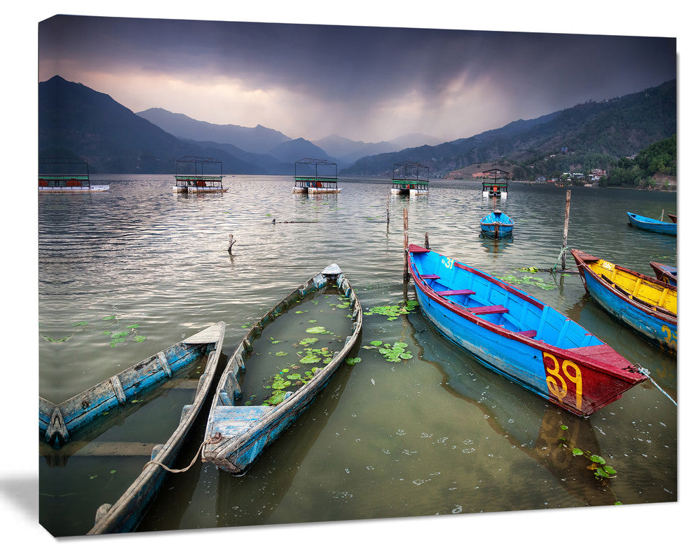 Boats near Pokhara Lake, Boat Canvas Art Print, 20"x12"