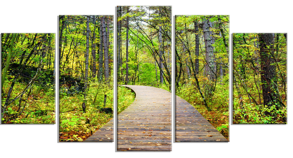 Wooden Boardwalk across Forest, Landscape Canvas Art Print, 60"x32", 5 Panels