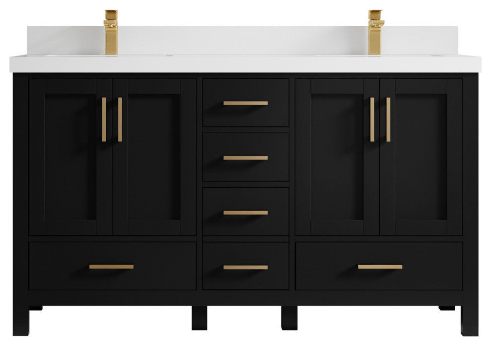 Malibu 60 Double Sink Bathroom Vanity in Black 2" White Quartz