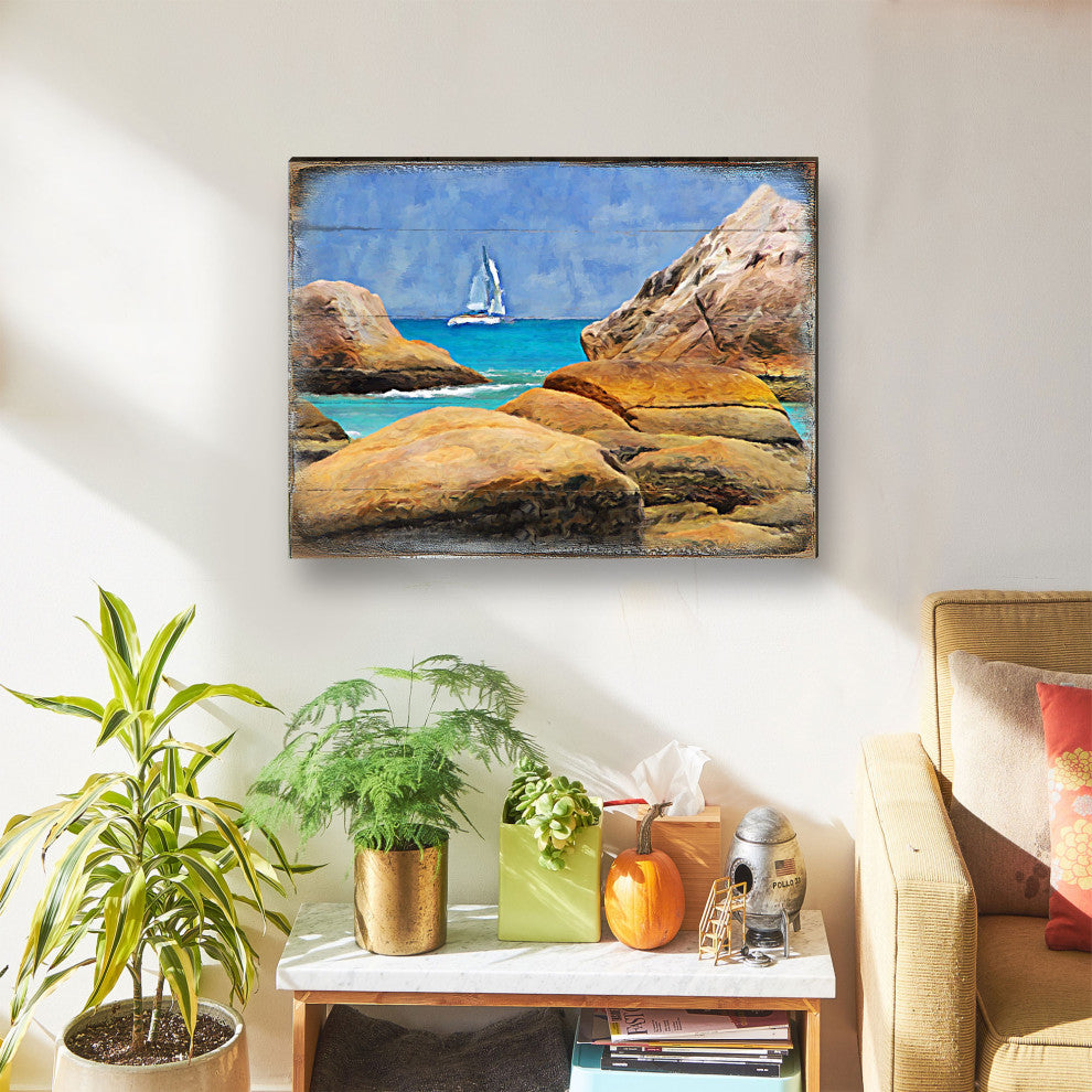 Sailboat on The Rocky Shore Wooden Block, 48 X 36