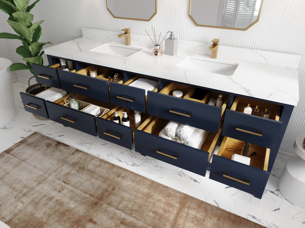 Parker 84" Double Sink Bath Vanity, Navy Blue 2" Venatino Quartz