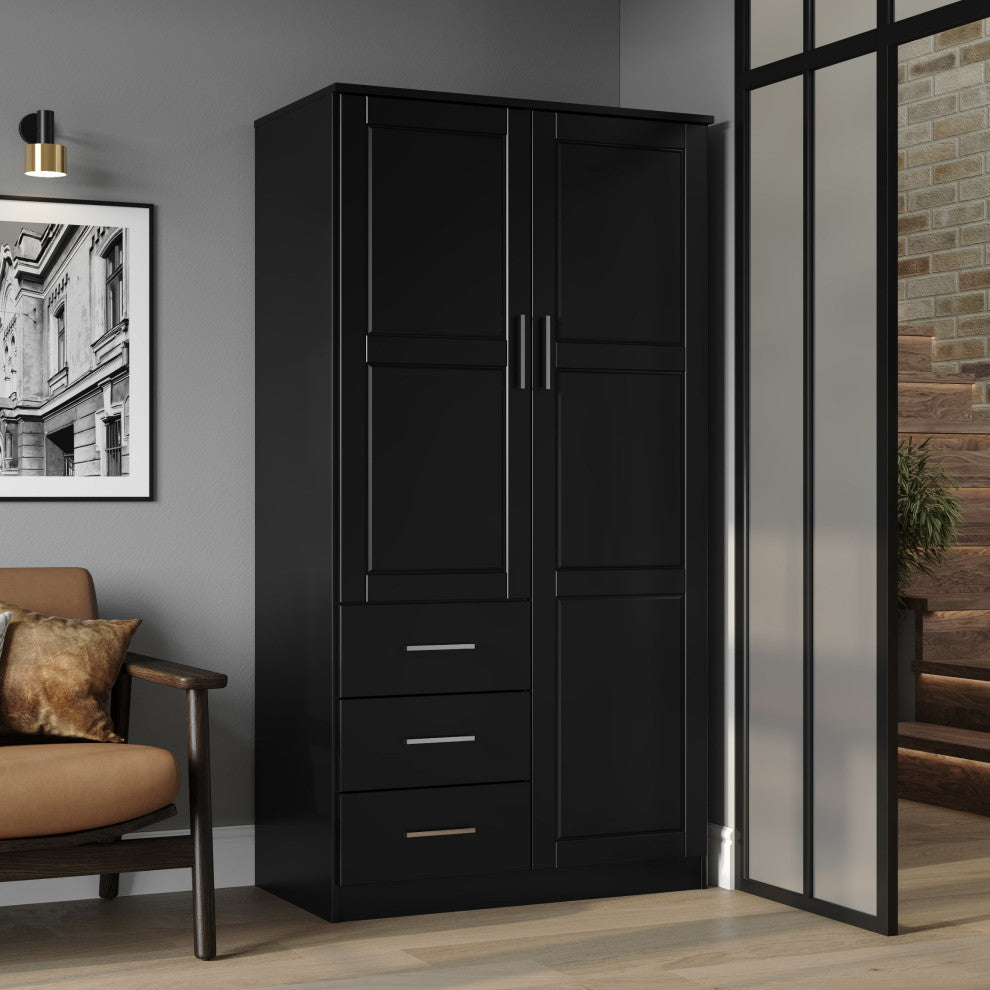 100% Solid Wood Metro 2-Door Wardrobe/Armoire, Black-Raised Panel