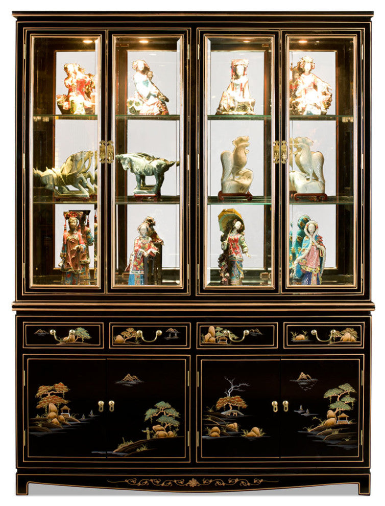 60in Black Lacquer Chinoiserie Oriental China Cabinet