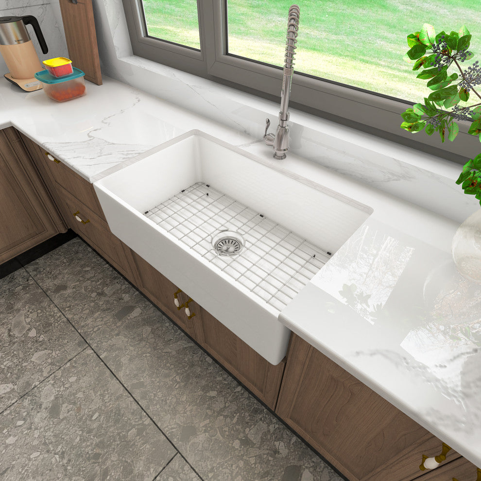 Sinber White Ceramic Double Bowl Apron farmhouse Kitchen Sink With Str, 33"x17"