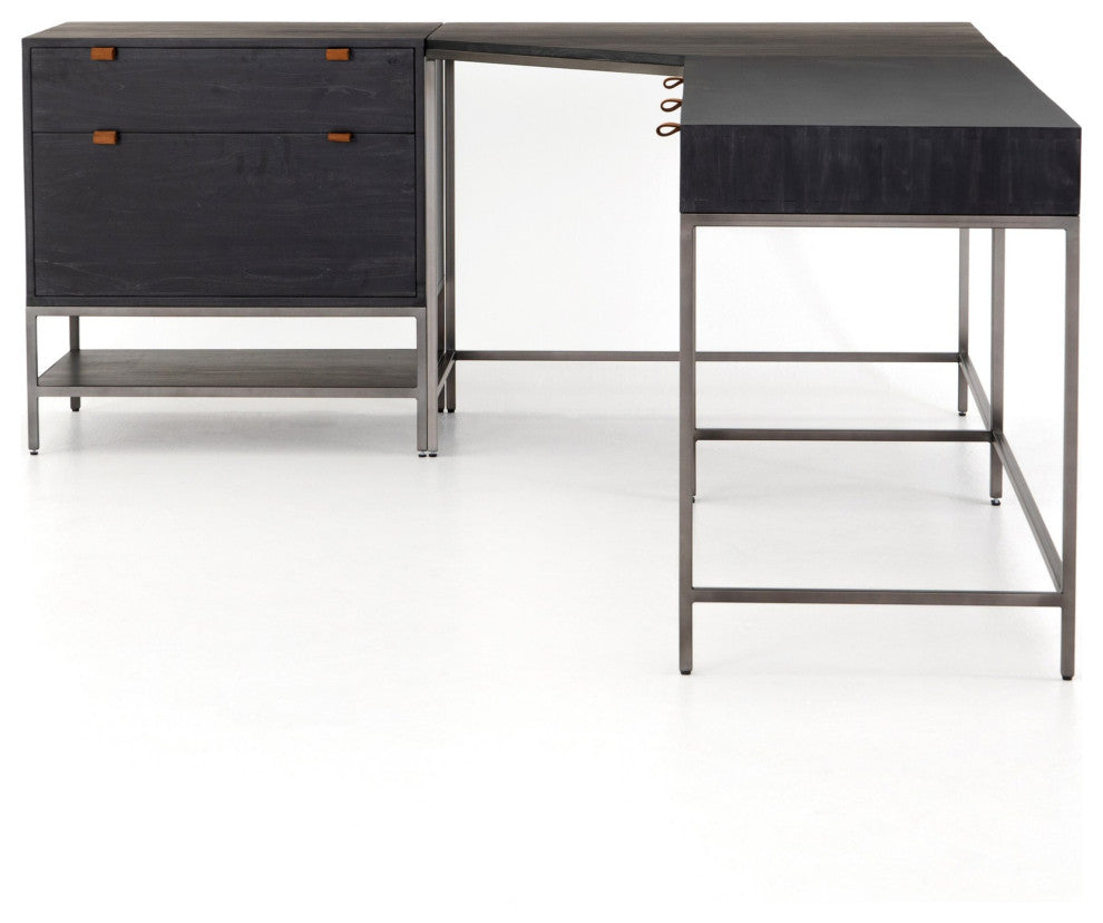 Trey Desk System With Filing Cabinet Black Wash, Natural Iron, Toffee Leather