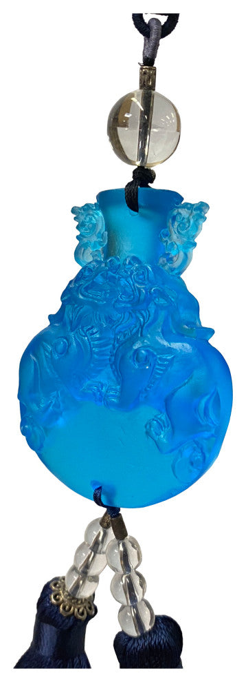 Crystal Glass Fengshui Fortune Blue Foo Dogs Lions Decor Tassel, Hws2194