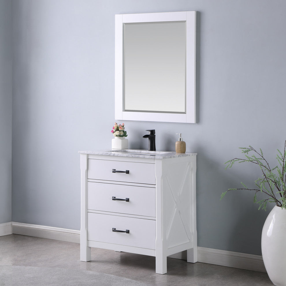 Maribella Rectangular Bathroom Wood Framed Wall Mirror, White, 28"