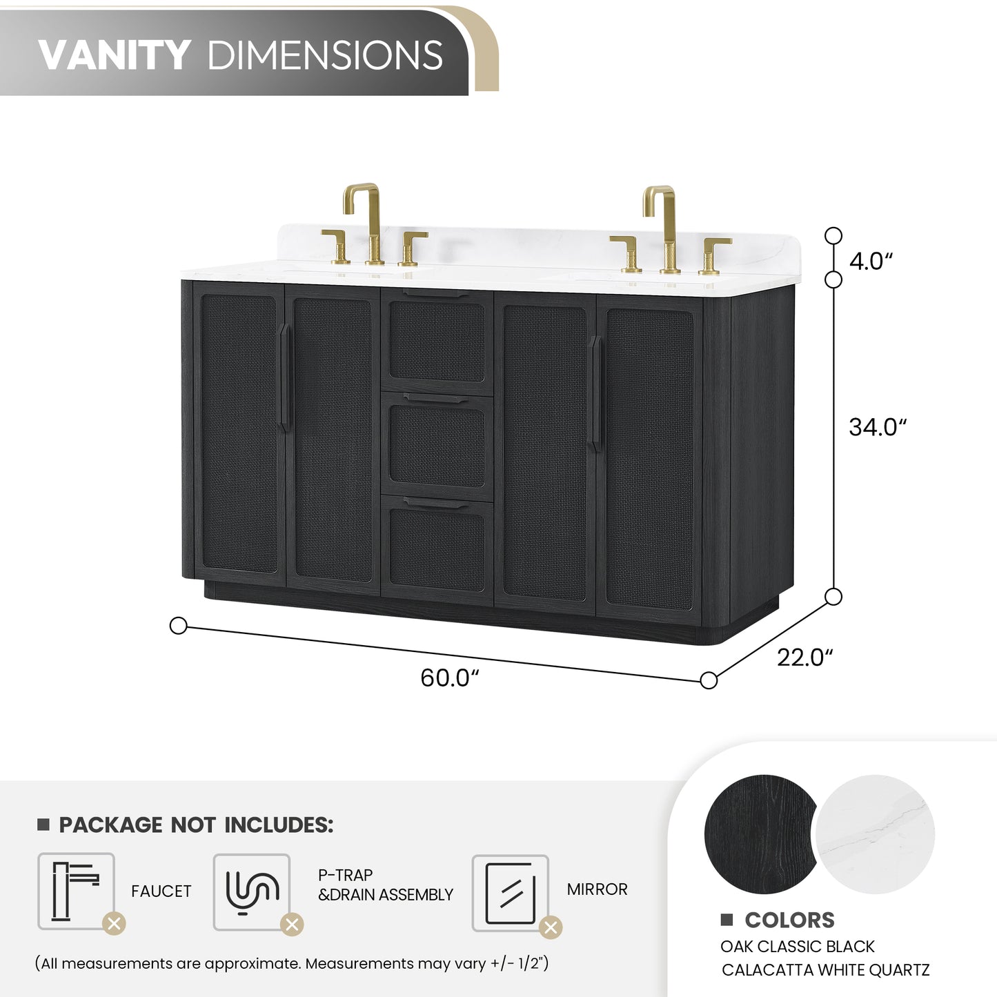 Busan Bath Vanity, Quartz Top No Mirror, Oak Classic Black, 60", Double Vanity