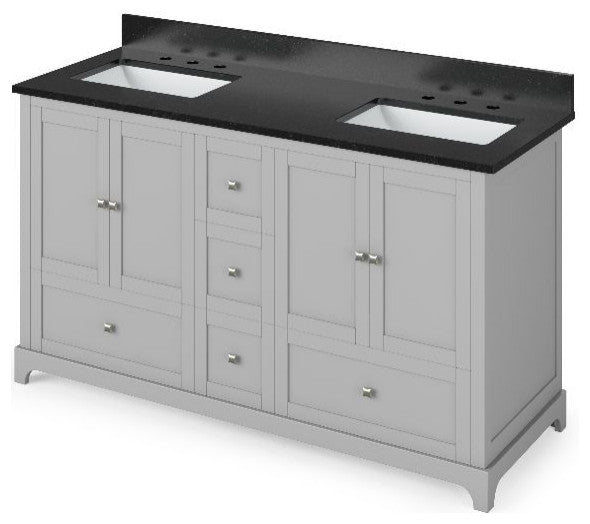 Addington Modern 60" Grey Double Sink Vanity, Black Granite Vanity Top