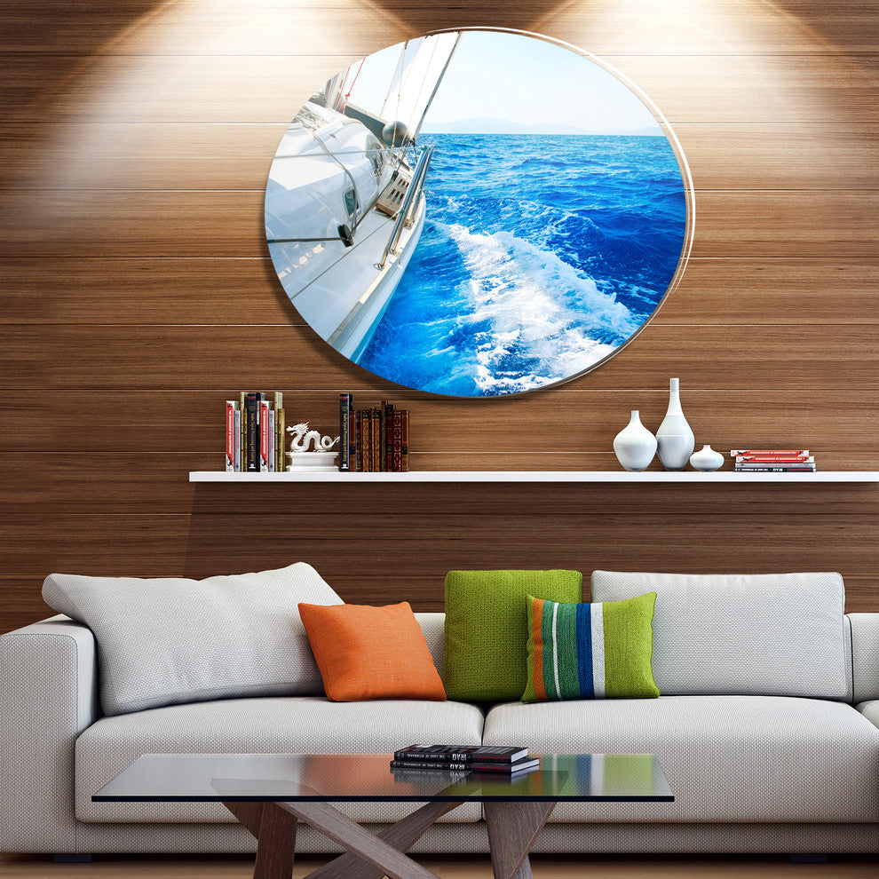 White Sailing Yacht In Blue Sea, Seashore Round Wall Art, 23"