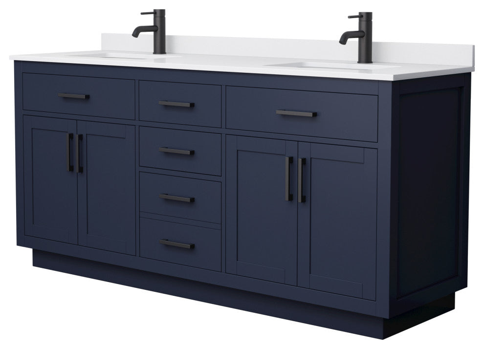 Beckett TK 72" Dark Blue Double Vanity,  Cultured Top, Black Trim