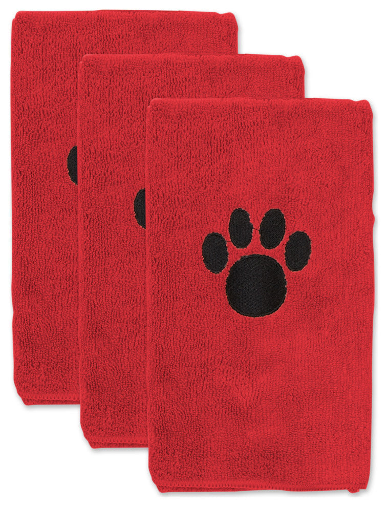 Red Embroidered Paw Small Pet Towel (Set of 3)