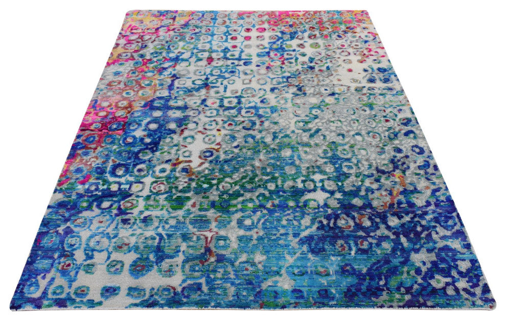 Sapphire Blue, THE PEACOCK, Sari Silk, Hand Knotted, Oriental Rug, 5'1"x7'