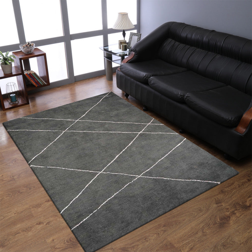 HAND KNOTTED LOOM SILK ECO-FRIENDLY AREA RUGS-Charcoal Beige Color,Geometric, [Rectangle] 5'x8'