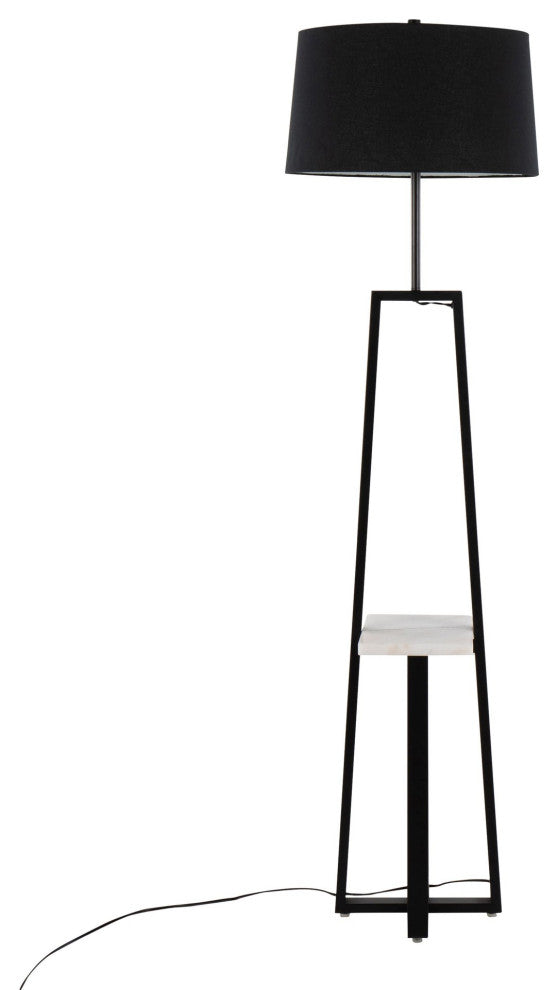 Cosmo Shelf Floor Lamp, White Marble/Black Metal With Black Linen Shade