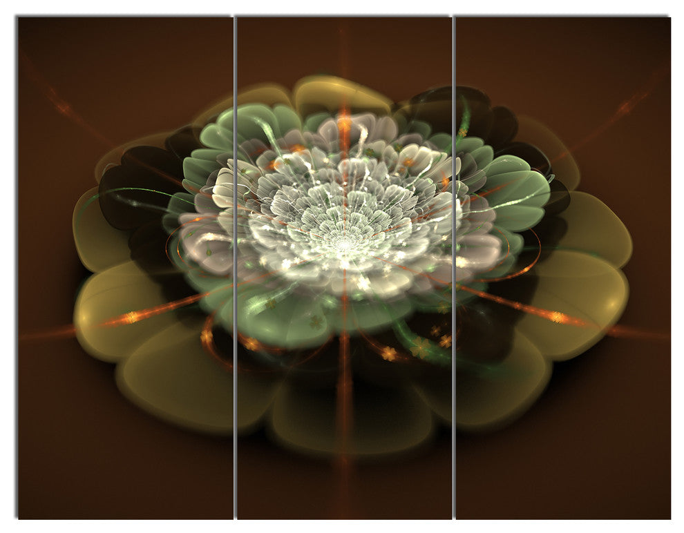 White Fractal Flower on Brown, Flower Artwork on Canvas, 36x28, 3 Panels