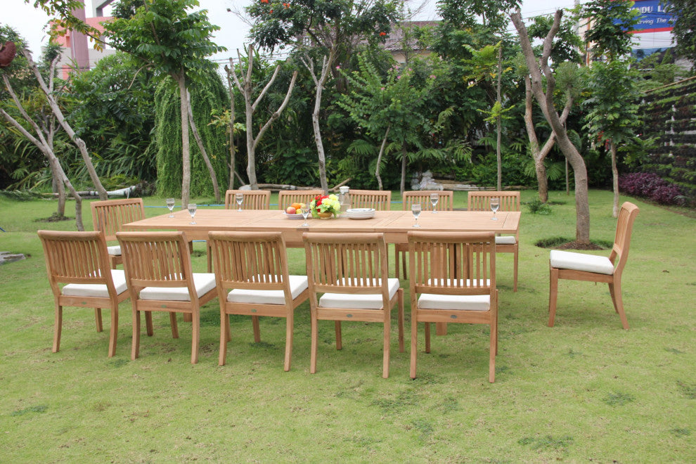 13-Piece Teak Dining Set: 122" Rectangle Extn Table 12 Arbor Stacking Arm Chairs