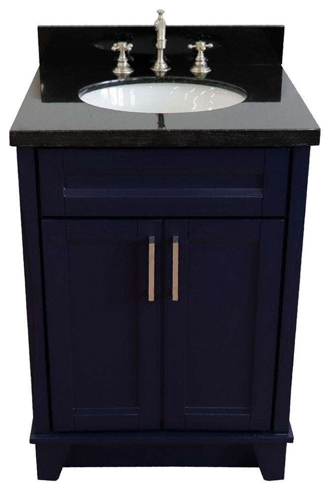25" Single Sink Vanity, Blue Finish With Black Galaxy Granite And Oval Sink