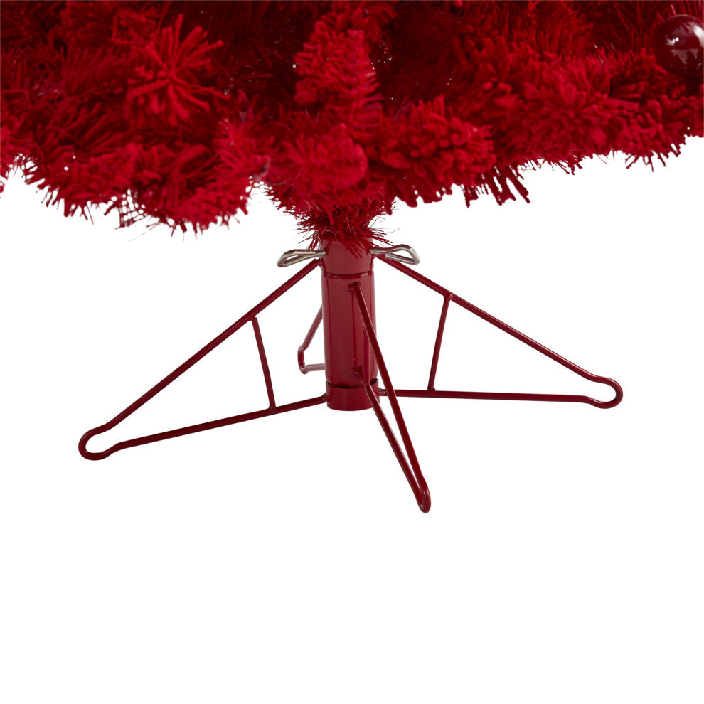 6' Red Flocked Fraser Fir Faux Xmas Tree W/Red Lights, Bulbs & Bendable Branches