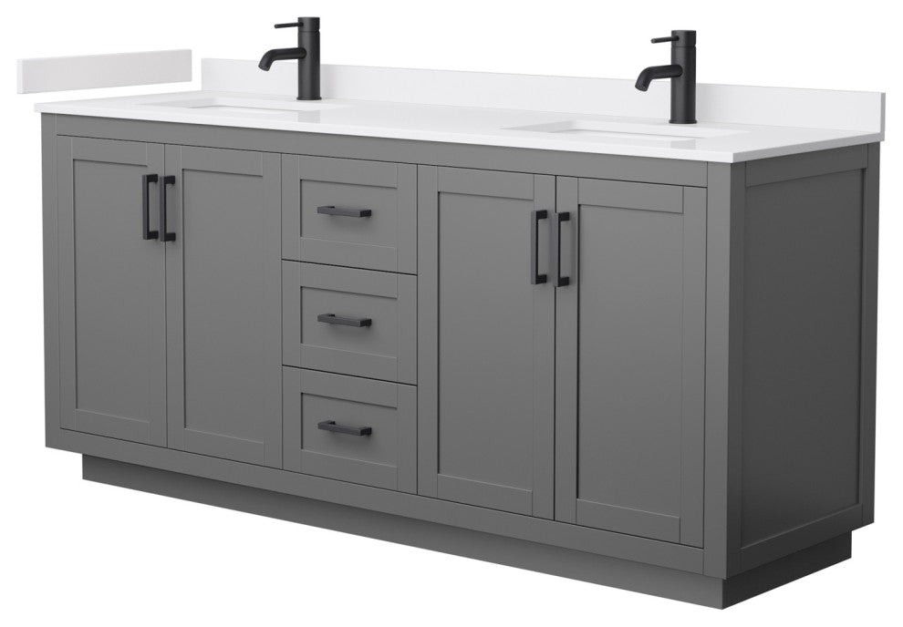 72"DBL Vanity Dark Gray, White Cult. Marble Countertop, Sinks, Black Trim