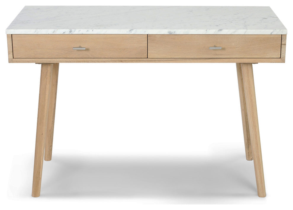 Viola 44" Rectangular Italian Carrara White Marble Writing Desk With Oak Leg