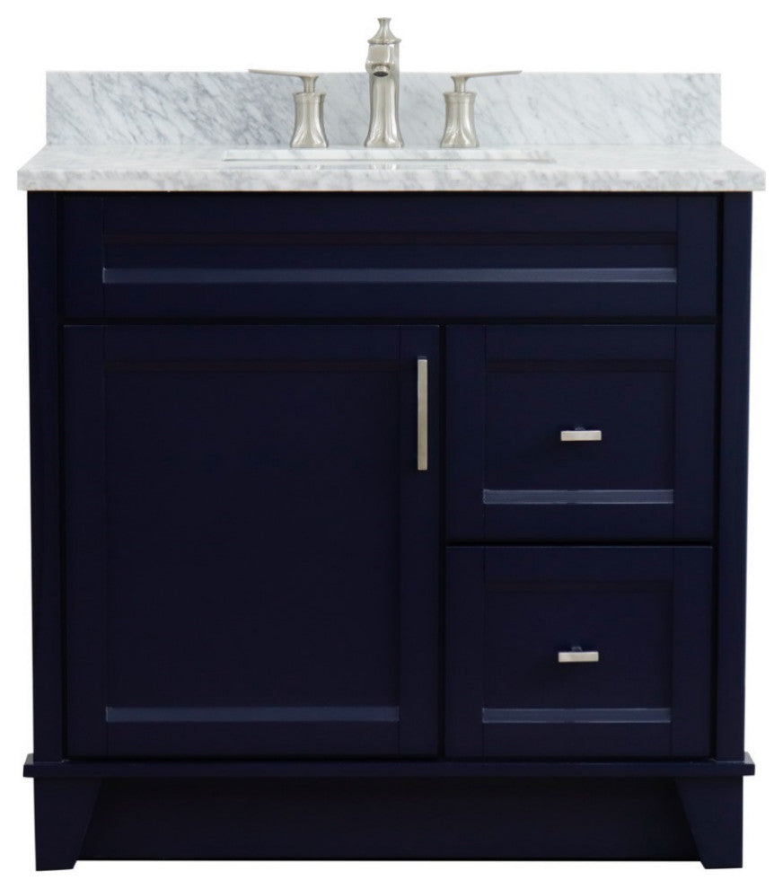 37" Single Sink Vanity, Blue Finish With White Carrara Marble